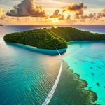 **A Palauan lagoon at sunset, electric hydrofoil gliding silently over the water. Coral reefs visible beneath the clear turquoise water. Lush green islands in the background.** (This prompt emphasizes the blend of modern technology and pristine nature)