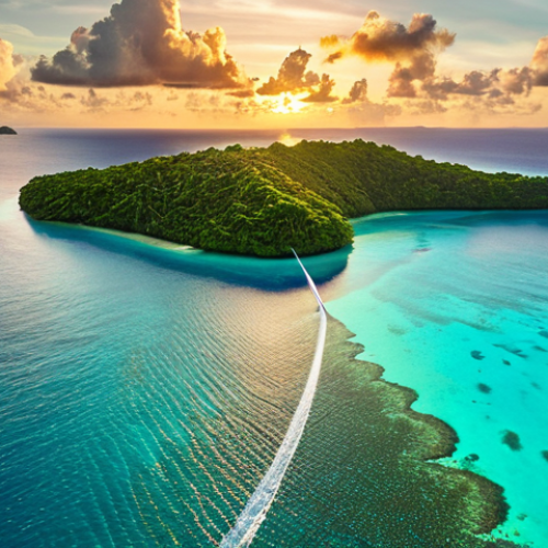 Home 4 **A Palauan lagoon at sunset, electric hydrofoil gliding silently over the water. Coral reefs visible beneath the clear turquoise water. Lush green islands in the background.** (This prompt emphasizes the blend of modern technology and pristine nature)