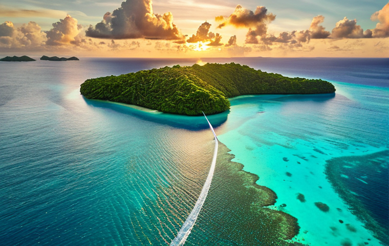 **A Palauan lagoon at sunset, electric hydrofoil gliding silently over the water. Coral reefs visible beneath the clear turquoise water. Lush green islands in the background.** (This prompt emphasizes the blend of modern technology and pristine nature)