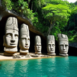 **Ancient Mysteries of Palau:** A serene yet enigmatic scene depicting immense, stylized stone monoliths from Badrulchau, partially overgrown by lush tropical jungle on Babeldaob island. The ancient structures evoke a sense of deep history and engineering prowess. In the background, hints of emerald Rock Islands emerging from turquoise waters, with an ancient cave showing subtle petroglyphs. The overall mood is one of discovery, mystery, and the enduring presence of a lost civilization blending with nature.