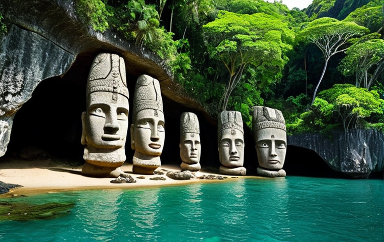 **Ancient Mysteries of Palau:** A serene yet enigmatic scene depicting immense, stylized stone monoliths from Badrulchau, partially overgrown by lush tropical jungle on Babeldaob island. The ancient structures evoke a sense of deep history and engineering prowess. In the background, hints of emerald Rock Islands emerging from turquoise waters, with an ancient cave showing subtle petroglyphs. The overall mood is one of discovery, mystery, and the enduring presence of a lost civilization blending with nature.