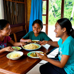 A young adult female traveler in modest, casual attire, fully clothed in a comfortable t-shirt and shorts, sitting at a simple wooden table with a local Palauan family. They are sharing a modest, home-cooked meal of fresh fish and rice. The setting is a clean, cozy local guesthouse dining area with natural light, showing an authentic cultural exchange. The traveler has a warm, friendly expression. The scene emphasizes hospitality and a family-friendly atmosphere. Perfect anatomy, correct proportions, natural pose, well-formed hands, proper finger count, natural body proportions. Safe for work, appropriate content, modest, professional photography, high quality.