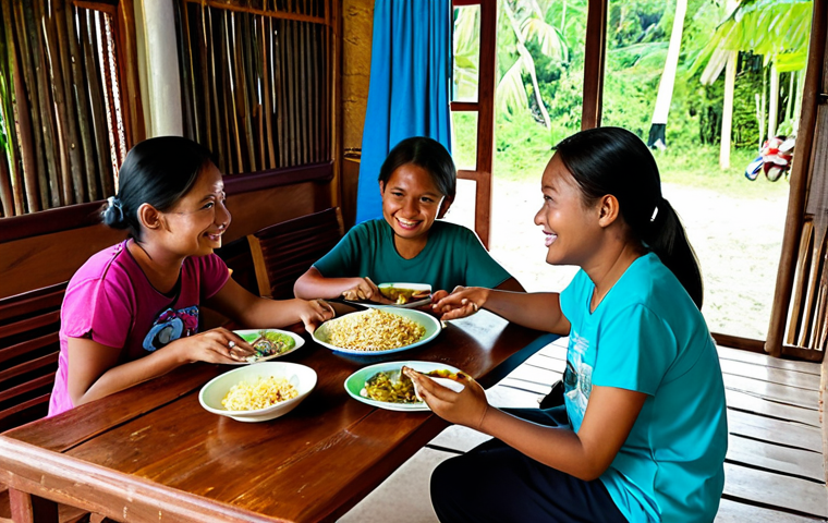 A young adult female traveler in modest, casual attire, fully clothed in a comfortable t-shirt and shorts, sitting at a simple wooden table with a local Palauan family. They are sharing a modest, home-cooked meal of fresh fish and rice. The setting is a clean, cozy local guesthouse dining area with natural light, showing an authentic cultural exchange. The traveler has a warm, friendly expression. The scene emphasizes hospitality and a family-friendly atmosphere. Perfect anatomy, correct proportions, natural pose, well-formed hands, proper finger count, natural body proportions. Safe for work, appropriate content, modest, professional photography, high quality.