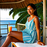 Palau Pacific Resort - Luxury Bungalow**

"A luxurious, fully clothed woman in a modest sundress relaxing on the private terrace of a bungalow at the Palau Pacific Resort. The sun is setting over the ocean, casting a warm glow. She is holding a non-alcoholic tropical drink. Palm trees and white sand are visible in the background. Perfect anatomy, correct proportions, natural pose, well-formed hands, proper finger count, natural body proportions, safe for work, appropriate content, fully clothed, professional photography, high quality, family-friendly."

**