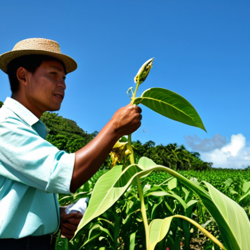 **

A professional, fully clothed agronomist (male or female) is examining crops at a sustainable farm in Palau. The background features lush tropical vegetation and clear blue skies. The agronomist is wearing modest, practical clothing suitable for fieldwork. Safe for work. Perfect anatomy, correct proportions, well-formed hands, natural pose, appropriate content, high quality, professional photography. Family-friendly.

**