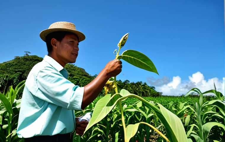 **

A professional, fully clothed agronomist (male or female) is examining crops at a sustainable farm in Palau. The background features lush tropical vegetation and clear blue skies. The agronomist is wearing modest, practical clothing suitable for fieldwork. Safe for work. Perfect anatomy, correct proportions, well-formed hands, natural pose, appropriate content, high quality, professional photography. Family-friendly.

**