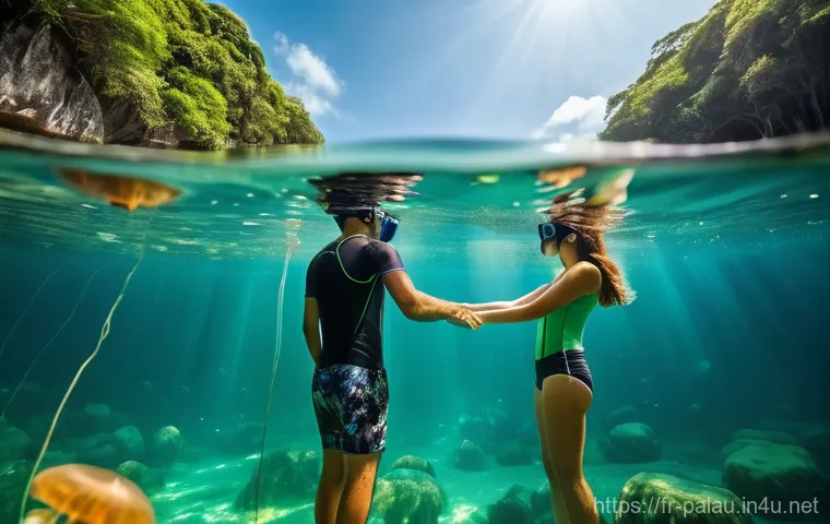 팔라우 허니문 여행 코스 - ### Image Prompt 1: Magical Encounter at Jellyfish Lake