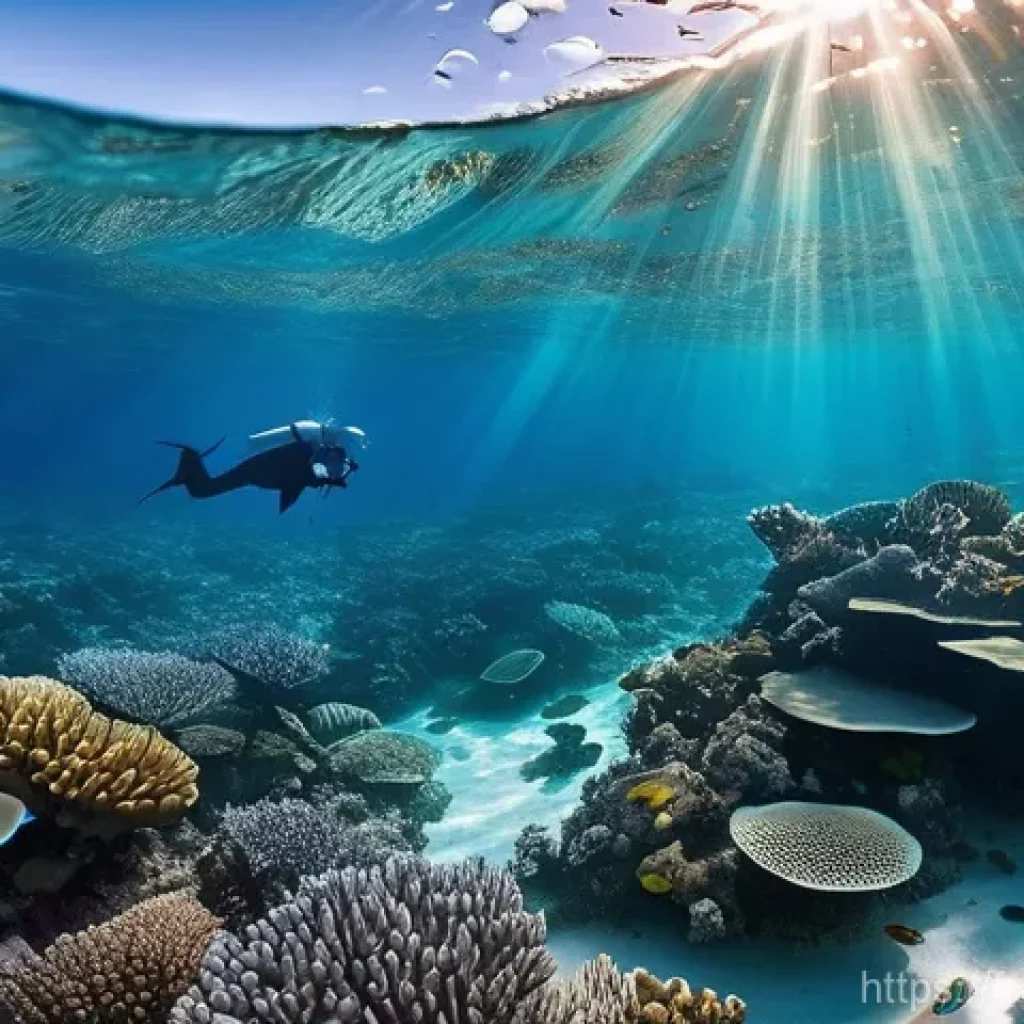 팔라우 에코투어리즘 - **Prompt:** A serene underwater scene in Palau's pristine turquoise waters. A diverse and vibrant co...