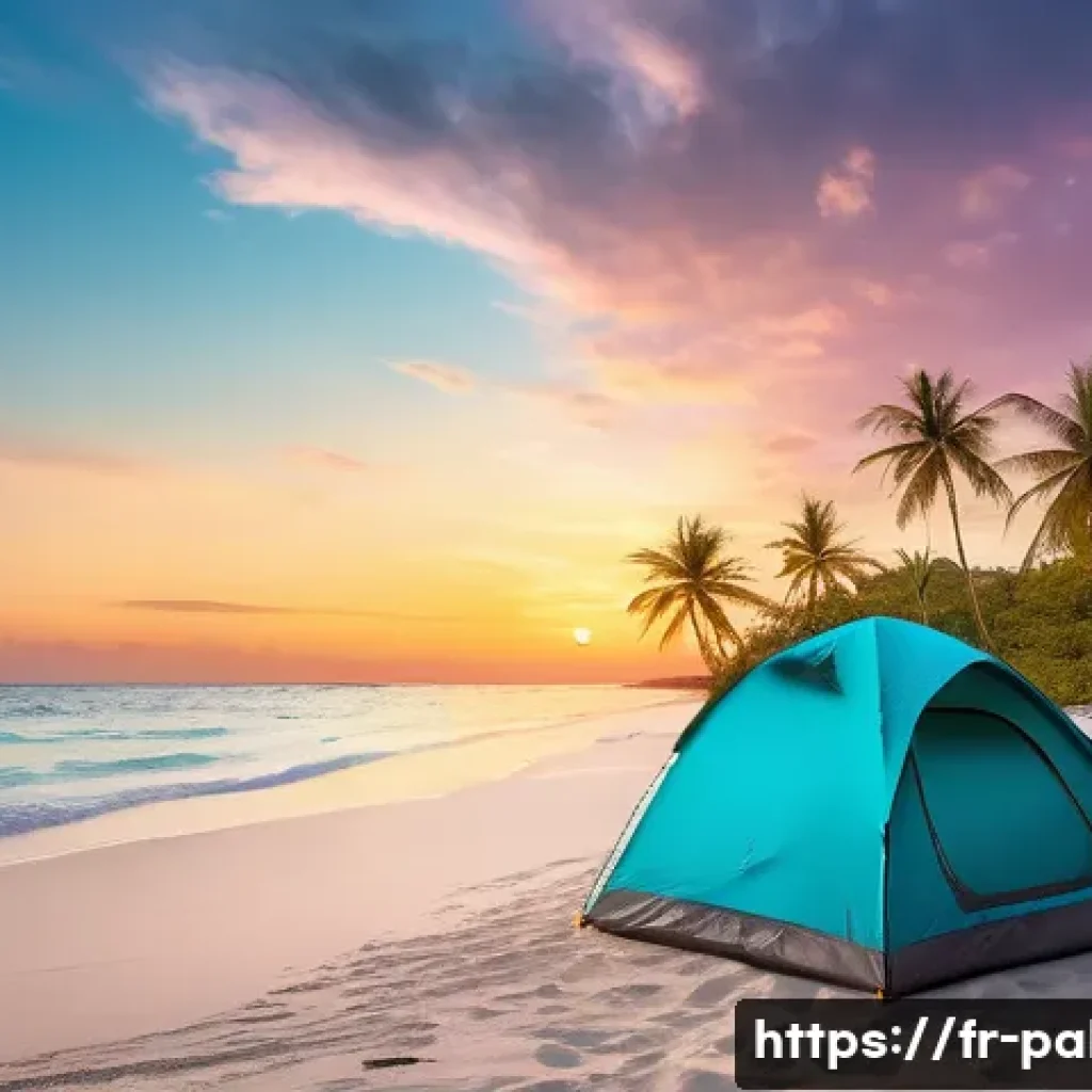 팔라우에서 캠핑 가능한 장소 - A serene tropical beach scene at dawn, featuring a lone tent pitched on pristine white sand stretchi...