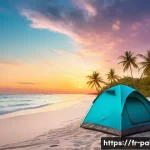 팔라우에서 캠핑 가능한 장소 - A serene tropical beach scene at dawn, featuring a lone tent pitched on pristine white sand stretchi...