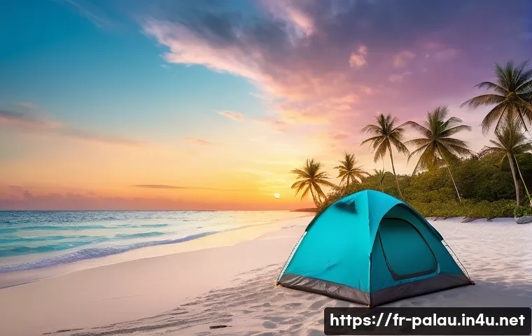 팔라우에서 캠핑 가능한 장소 - A serene tropical beach scene at dawn, featuring a lone tent pitched on pristine white sand stretchi...