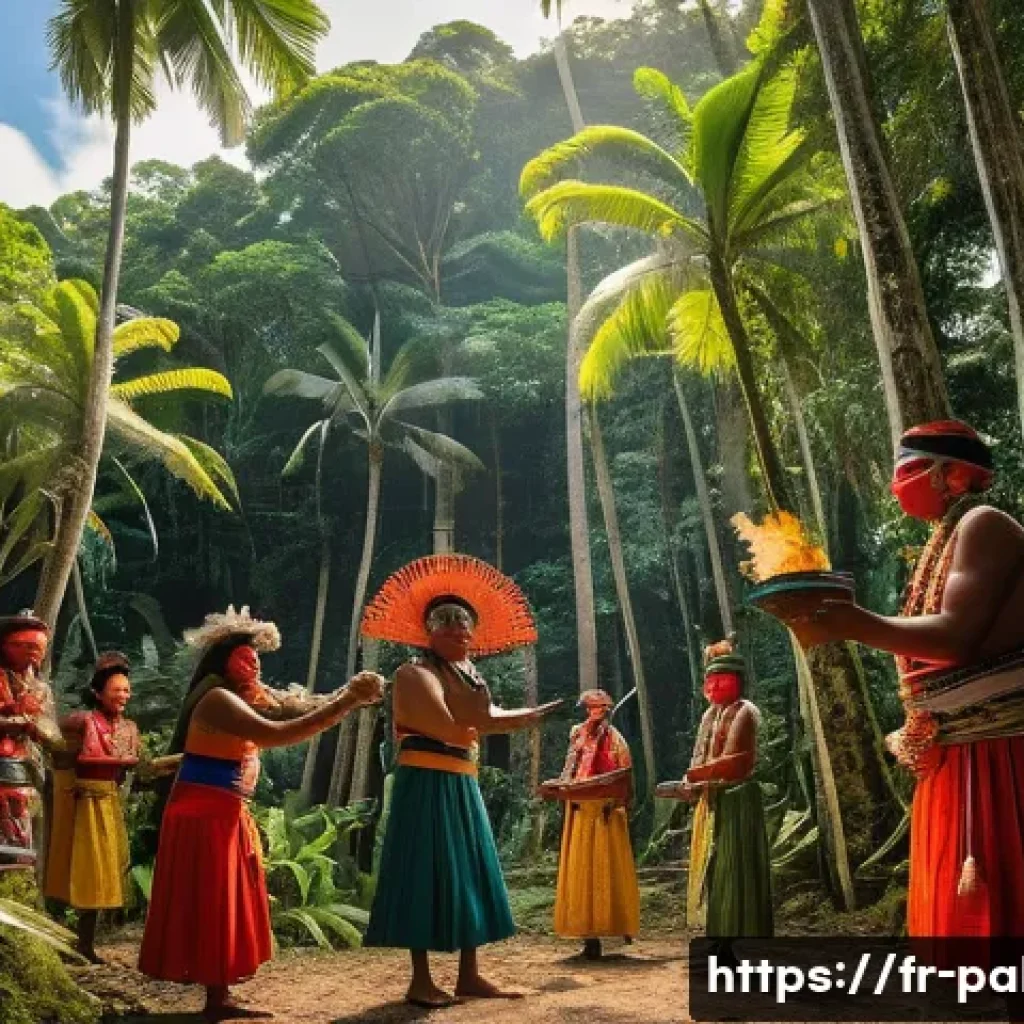 팔라우의 종교 및 신앙 생활 - A vibrant traditional Palauan ceremony taking place outdoors in a lush tropical forest, featuring me...