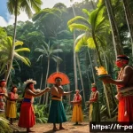 팔라우의 종교 및 신앙 생활 - A vibrant traditional Palauan ceremony taking place outdoors in a lush tropical forest, featuring me...