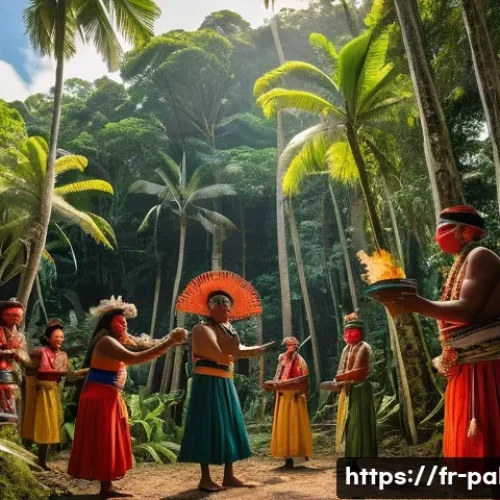 팔라우의 종교 및 신앙 생활 - A vibrant traditional Palauan ceremony taking place outdoors in a lush tropical forest, featuring me...