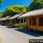 팔라우에서 거주하기 위한 필수 정보 - A vibrant street scene in Palau showcasing traditional wooden bungalows surrounded by lush tropical ...