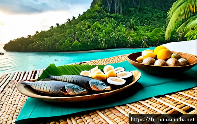 팔라우 전통 요리 - Photorealistic traditional Palauan food spread on a woven mat beside a turquoise lagoon, featuring g...
